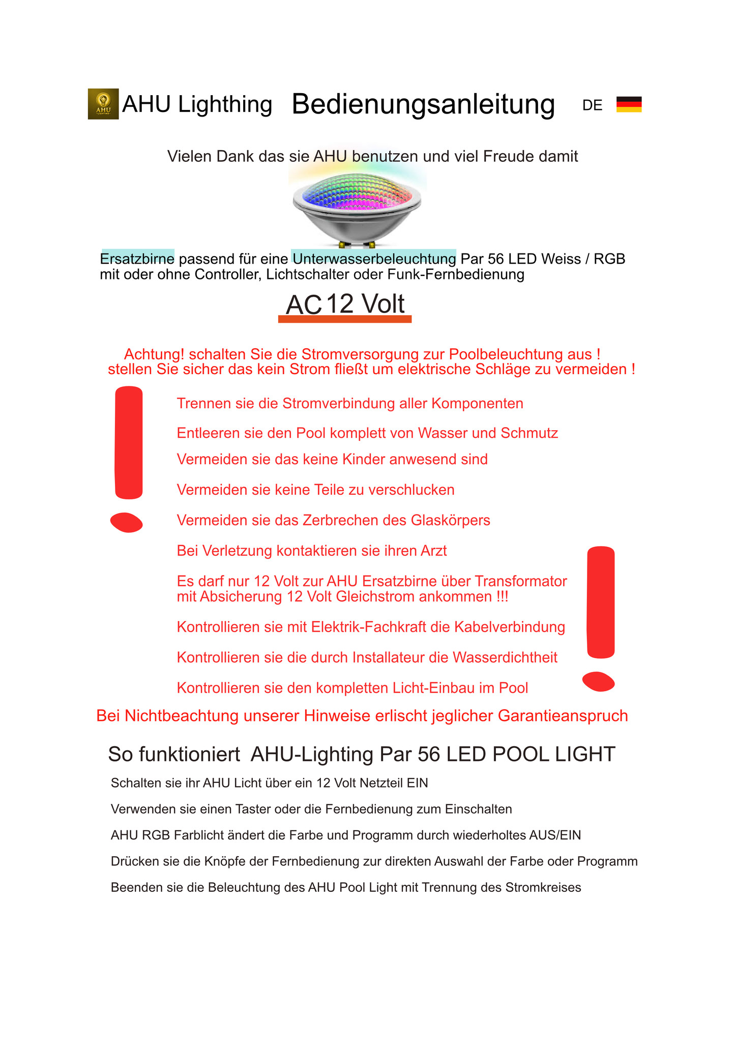 PAR 56 RGB LED Poollicht aus Echtglas 12 Volt 13 Watt