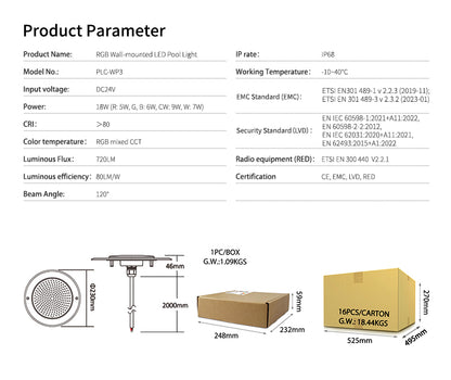 Unterwasser-Poollicht "AHU LUX" – 24V/18W Edelstahl-Design IP68 RGBW